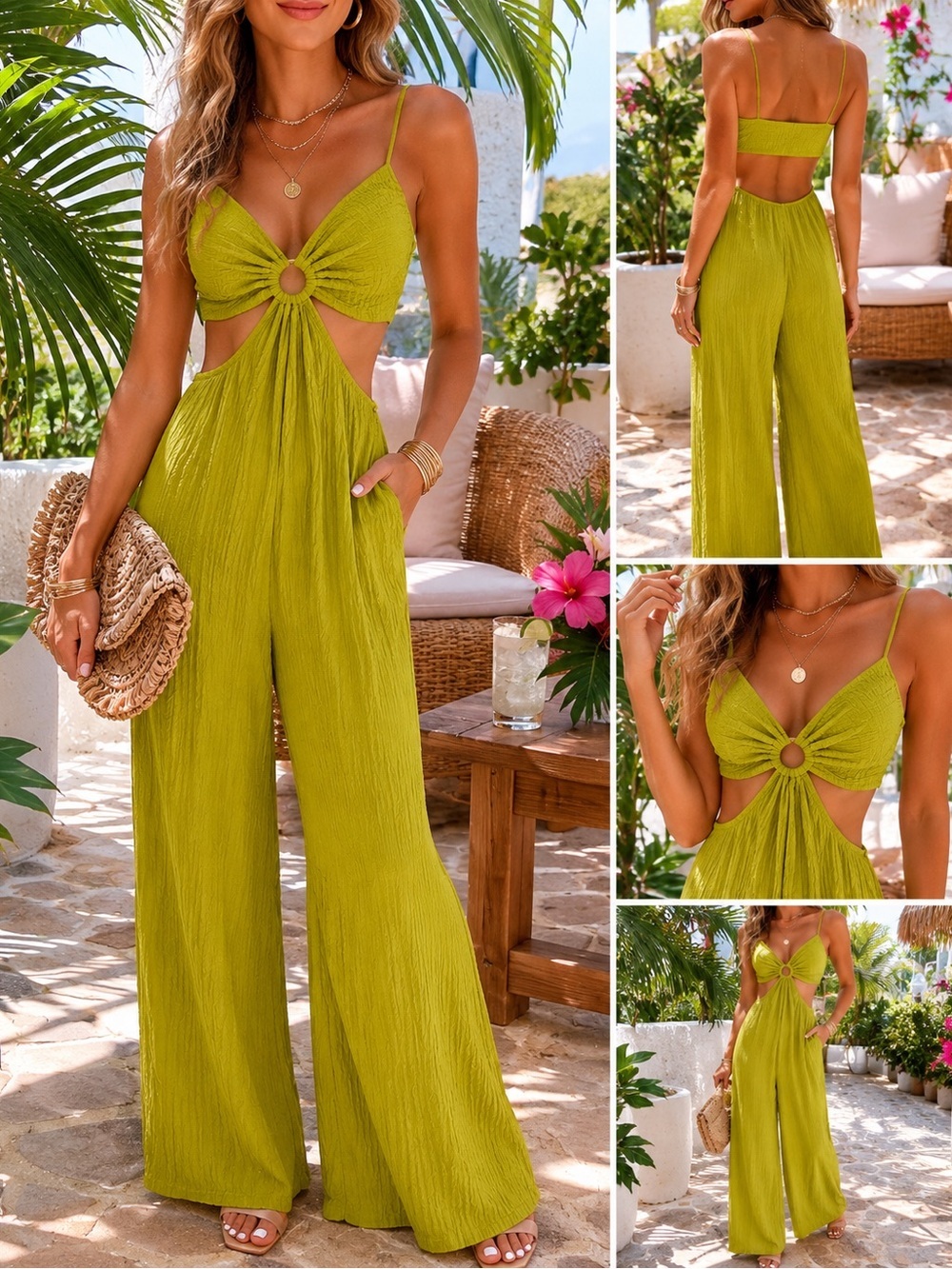 Women's Lime Green Cutout Wide-Leg Jumpsuit